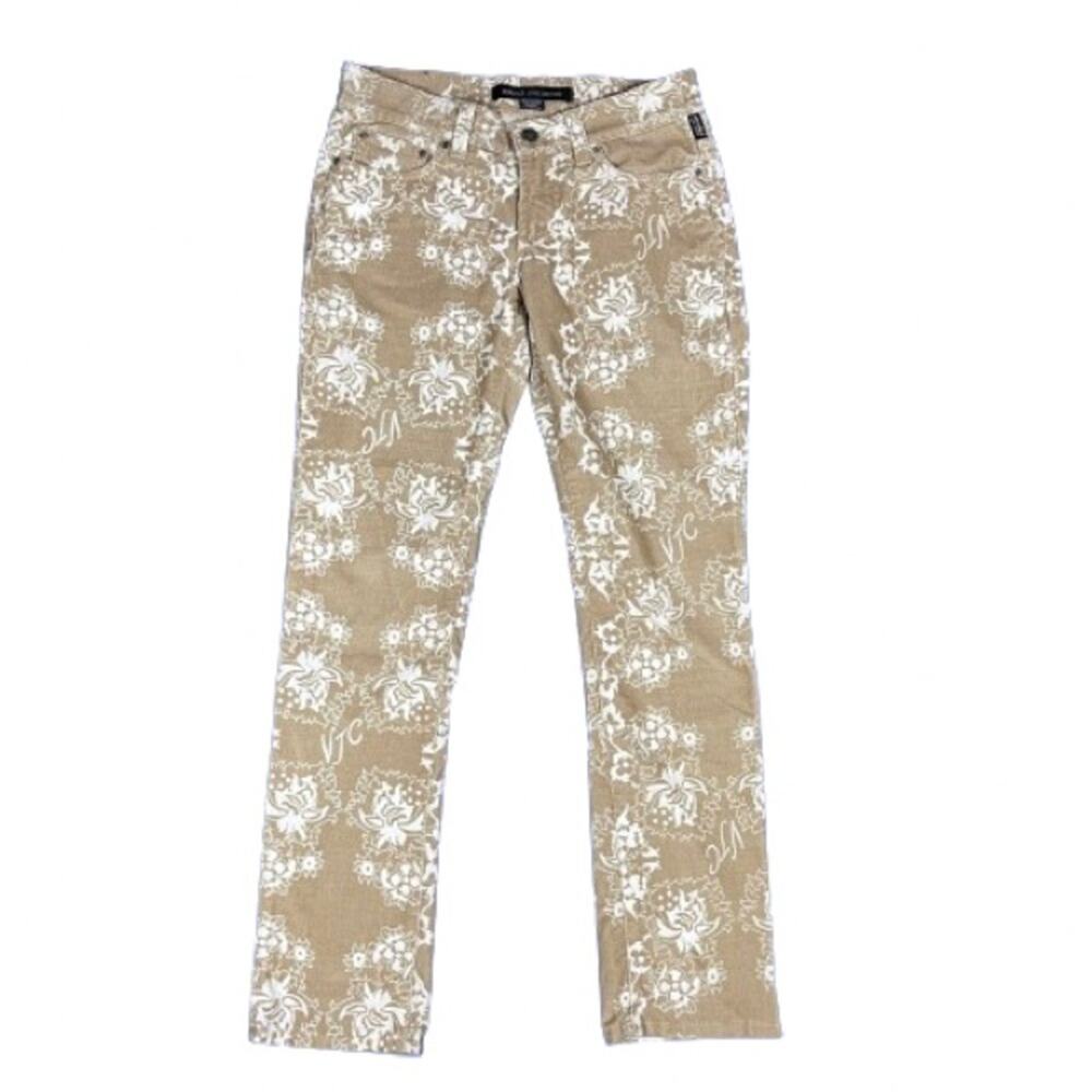 VERSACE Vintage Stunning Tan Corduroy Pants with White Flower Pattern - Size 26
